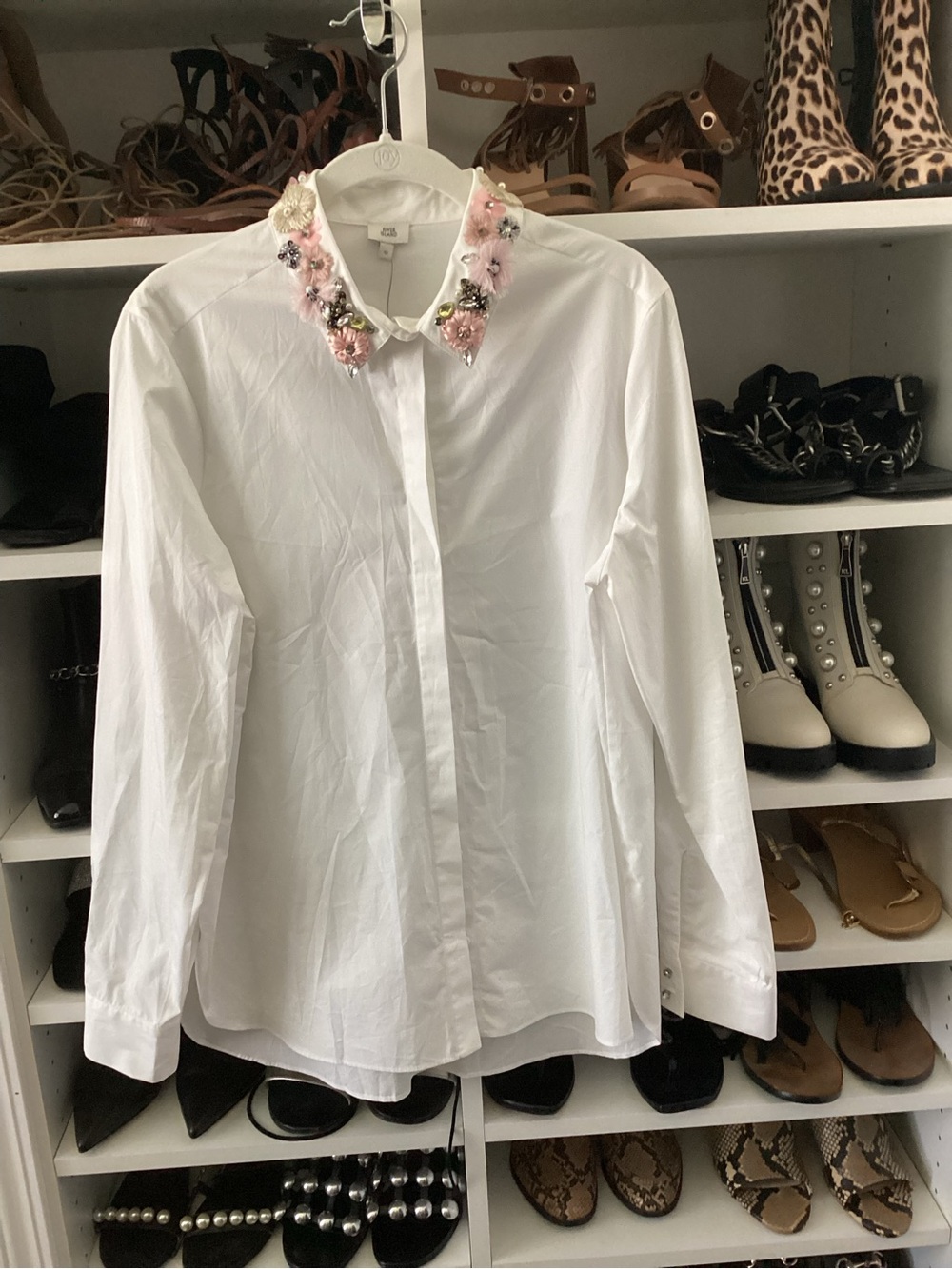 River Island White Blouse with Pink Embellished Collar